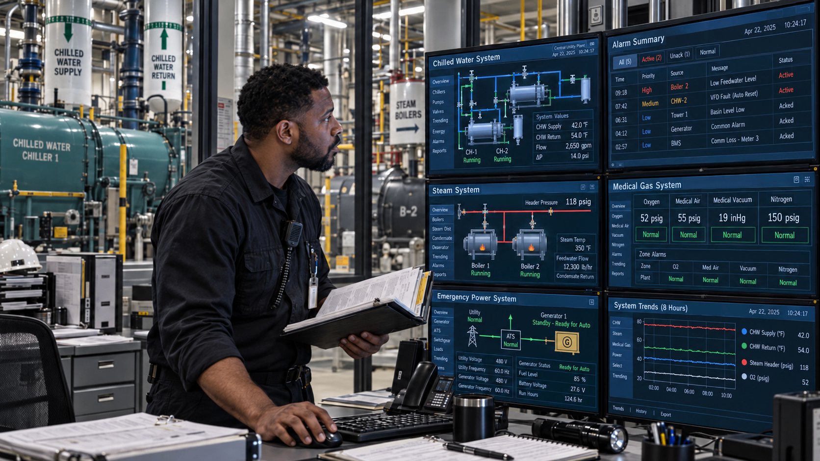 Mission-Critical operations professional monitoring power infrastructure dashboards